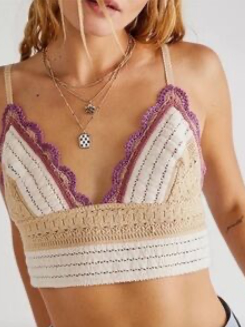 Crochet Lace-Trim Camisole Bralette in Cream and Purple